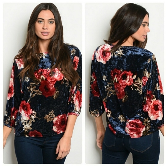 Ginger G Floral Navy Velvet Top - Picture 2 of 6